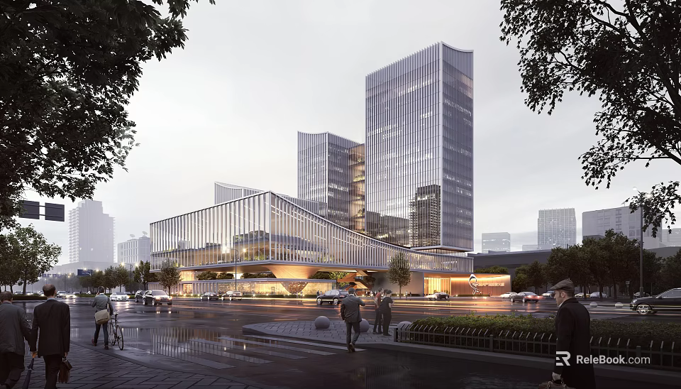 Contemporary Office Complex With Glass Curtain Walls And Urban Street Pedestrians At Dusk 3d model 