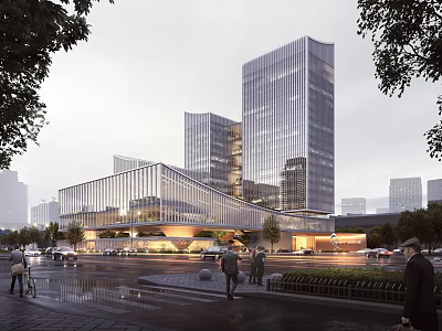 Contemporary Office Complex With Glass Curtain Walls And Urban Street Pedestrians At Dusk 3d model