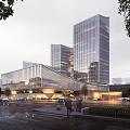 Contemporary Office Complex With Glass Curtain Walls And Urban Street Pedestrians At Dusk