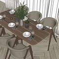 Modern Wooden Dining Table Set With Upholstered Chairs Tableware Green Plant And Natural Light