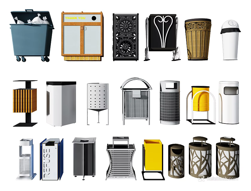 Public Facilities Showcasing Diverse Trash Bins With Modern And Functional Styles 3d model