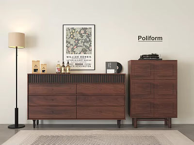 Wooden Entryway Cabinet and Side Cabinet with Floor Lamp Artwork Radio and Decorative Items 3d model