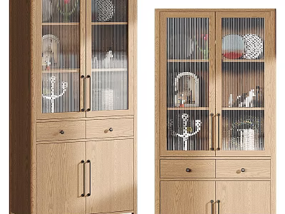 Modern Natural Wood Sideboard Cabinet With Fluted Glass Doors Multiple Drawers And Spacious Storage Design 3d model