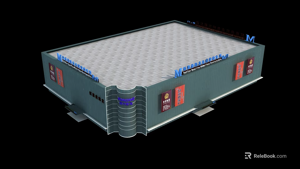 Modern Commercial Complex with Green Facade Red Billboards Grid Patterned Roof and Curved Entrance 3d model 