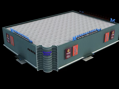 Modern Commercial Complex with Green Facade Red Billboards Grid Patterned Roof and Curved Entrance 3d model