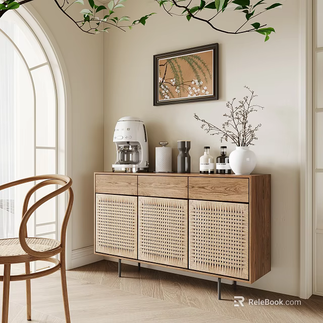 Modern Elegant Console Table Side Cabinet With Wooden Rattan Door And Decorative Vase Coffee Machine 3d model 