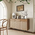 Modern Elegant Console Table Side Cabinet With Wooden Rattan Door And Decorative Vase Coffee Machine