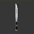 Sleek Tactical Knife With Long Metal Blade And Striped Wooden Handle Design