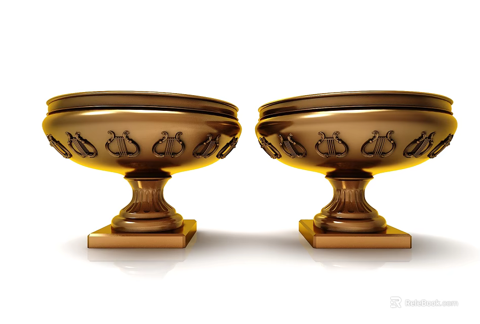 Elegant Two Piece Golden Carved Bowl Shaped Ornament Set with Pedestal Base 3d model 