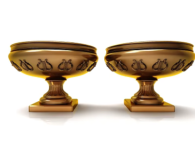 Elegant Two Piece Golden Carved Bowl Shaped Ornament Set with Pedestal Base 3d model