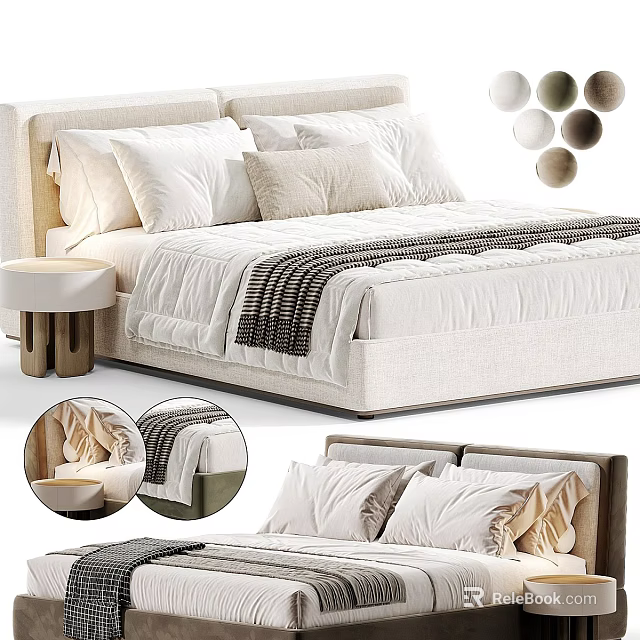 Modern Upholstered Double Bed With White Pillows Striped Throw Blanket Wooden Nightstand And Decorative Balls 3d model 
