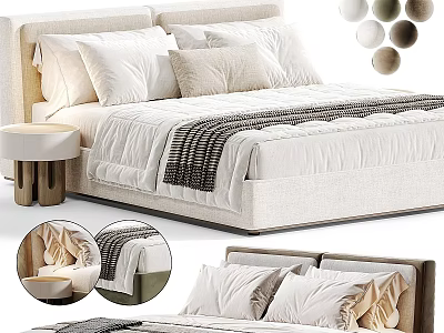 Modern Upholstered Double Bed With White Pillows Striped Throw Blanket Wooden Nightstand And Decorative Balls 3d model