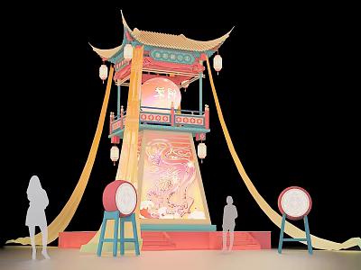 Traditional Chinese Pavilion Display With Red Lanterns Fu Character Decorative Drums And Silhouette Figures 3d model