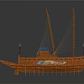 Traditional Chinese Ancient Water Vessel Model With Yellow Sails Oars And Decorative Paintings