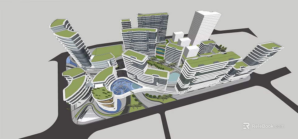 Modern Office Building Complex With Green Roofs Unique Architectural Design Water Features And Landscaping 3d model 