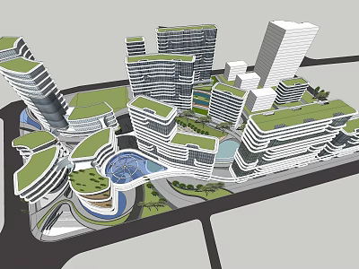 Modern Office Building Complex With Green Roofs Unique Architectural Design Water Features And Landscaping 3d model