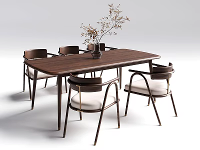 Modern Dining Table and Chairs Set with Wooden Top Metal Frame Upholstered Chairs 3d model
