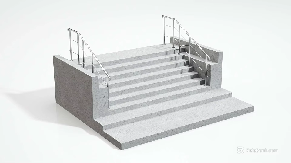 Simple Gray Concrete Stairs With Metal Handrails And Platform Steps 3d model 