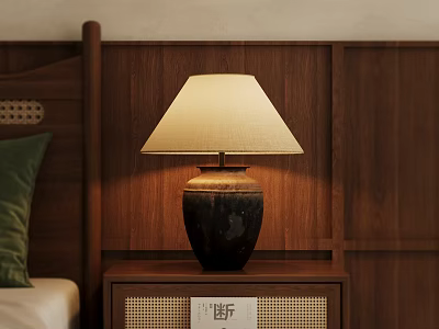 Wooden Nightstand Design With Table Lamp Dark Base And Light Colored Lampshade 3d model