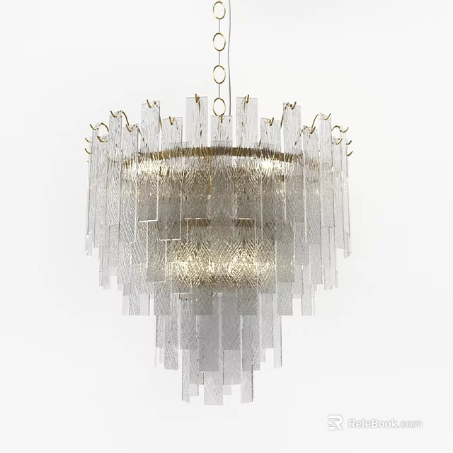 Modern Glass Chandelier With Gold Frame And Layered Hanging Transparent Strips 3d model 