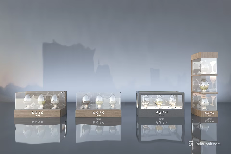 Decorative Ornament Display Set With Transparent Cases And Wooden Bases 3d model 