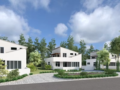 Modern White Detached Villa Exterior Surrounded by Trees Lawn and Driveway 3d model