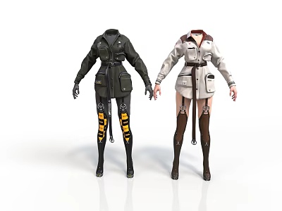 Black And White Fashion Coats With Belted Design And Leg Straps 3d model