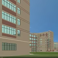Aerial Planning of Multi Story Apartment Building With Red Brick Beige Exterior and Green Lawn Area