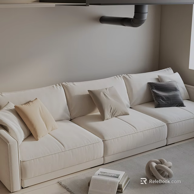 Cream Colored Three Seater Sofa With Decorative Pillows In Modern Living Room 3d model 