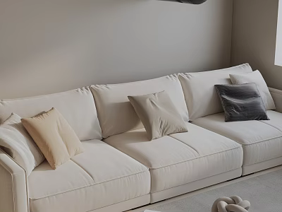 Cream Colored Three Seater Sofa With Decorative Pillows In Modern Living Room 3d model