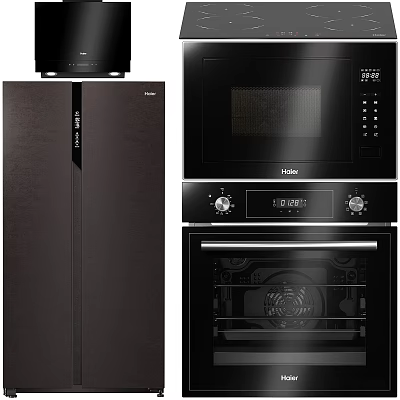 Modern Black Haier Kitchen Appliances Set Including Refrigerator Microwave And Oven 3d model