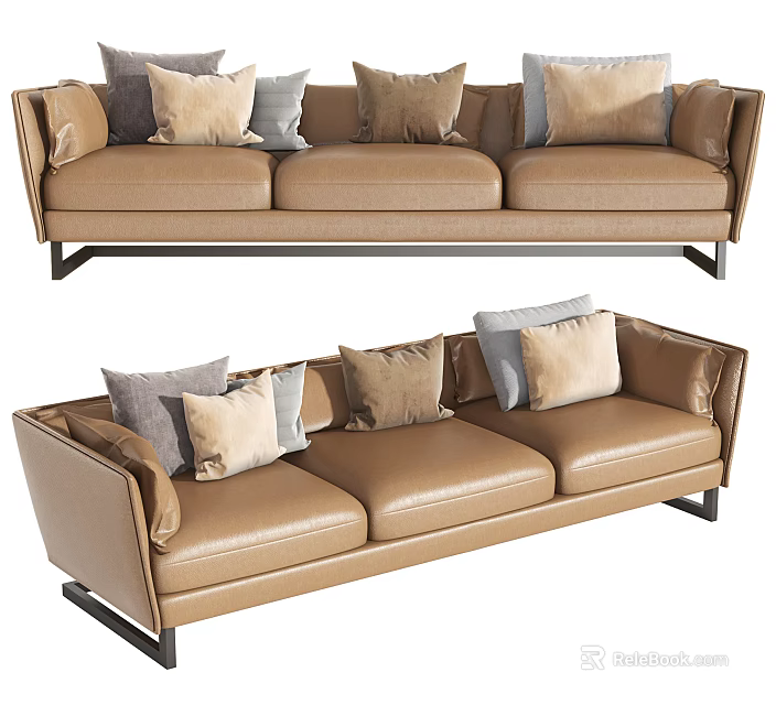 Modern Brown Leather Three Seater Sofa With Beige And Gray Cushions 3d model