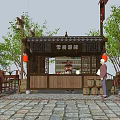 Traditional Chinese Style Food Stall With Wooden Structure Red Lanterns And Outdoor Seating