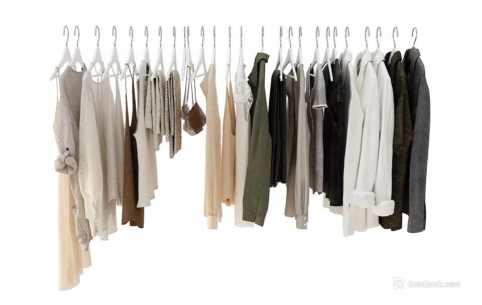 Various Neutral Colored Clothes Hanging On White Hangers Including Knit And Long Sleeve Tops 3d model 