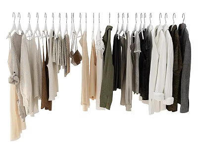 Various Neutral Colored Clothes Hanging On White Hangers Including Knit And Long Sleeve Tops 3d model