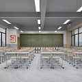 School Classroom Interior With Neat Desks Chairs Blackboard And National Flag