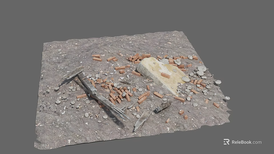 Damaged Building Components With Scattered Bricks Stones On Rough Gray Ground 3d model 