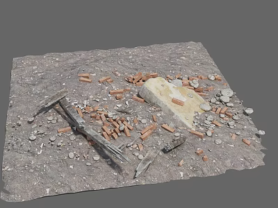 Damaged Building Components With Scattered Bricks Stones On Rough Gray Ground 3d model