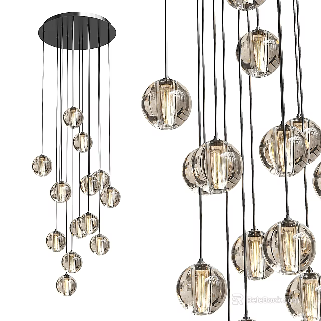 Modern Chandelier With Multiple Transparent Glass Balls And Black Hanging Cords For Interior Decor 3d model 