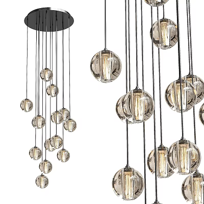 Modern Chandelier With Multiple Transparent Glass Balls And Black Hanging Cords For Interior Decor 3d model