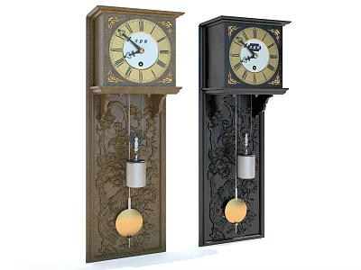 Vintage Wooden Wall Clocks With Intricate Carvings And Pendulums In Brown Black 3d model