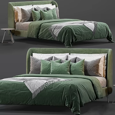 Green Double Bed With Velvet Upholstered Headboard Gray And Green Pillows And Throw Blanket 3d model
