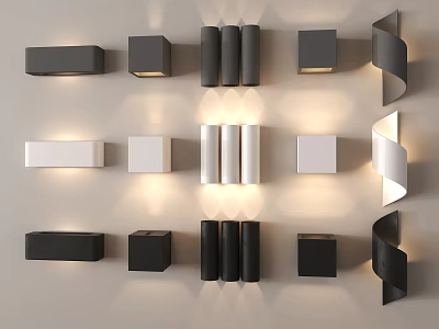 Modern Wall Lamps with Various Shapes and Black White Designs Illuminated on Wall 3d model
