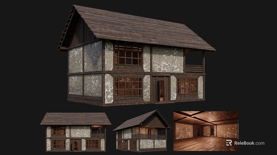 Ancient Building With Traditional Sloped Roof Wooden Structure Stone Walls Multiple Views And Interior Details 3d model 