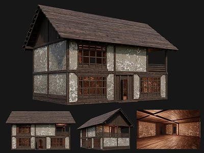 Ancient Building With Traditional Sloped Roof Wooden Structure Stone Walls Multiple Views And Interior Details 3d model