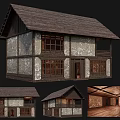 Ancient Building With Traditional Sloped Roof Wooden Structure Stone Walls Multiple Views And Interior Details