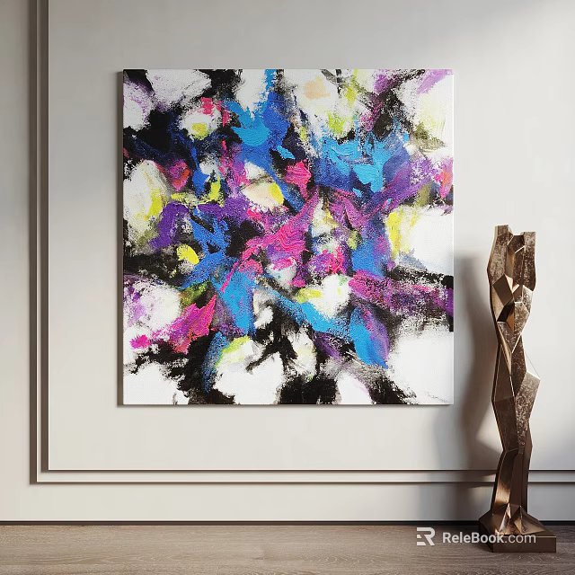 Colorful Abstract Painting With Blue Pink And Yellow Tones Near Modern Sculpture On Wall 3d model 