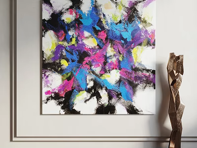 Colorful Abstract Painting With Blue Pink And Yellow Tones Near Modern Sculpture On Wall 3d model