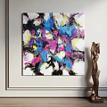 Colorful Abstract Painting With Blue Pink And Yellow Tones Near Modern Sculpture On Wall