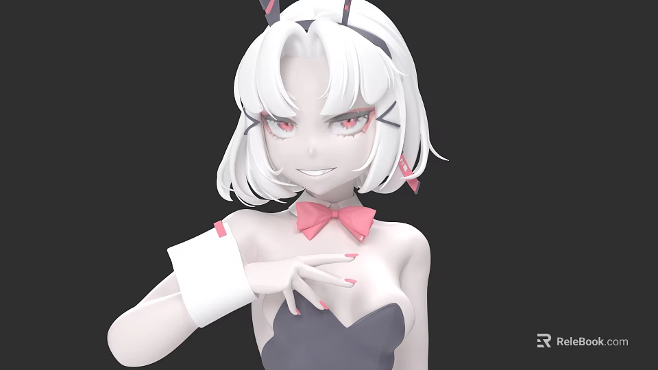 Game Anime Character With White Short Hair Cat Ears Red Eyes And Pink Bow Tie 3d model 